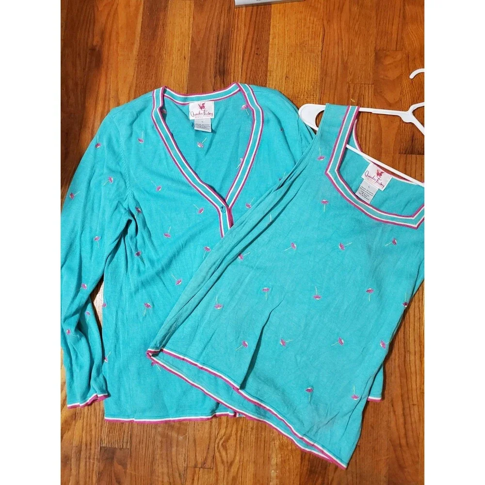 Quacker Factory Cardigan Tank Set 2 Pc. Silk Cotton Blue Size Large Floral